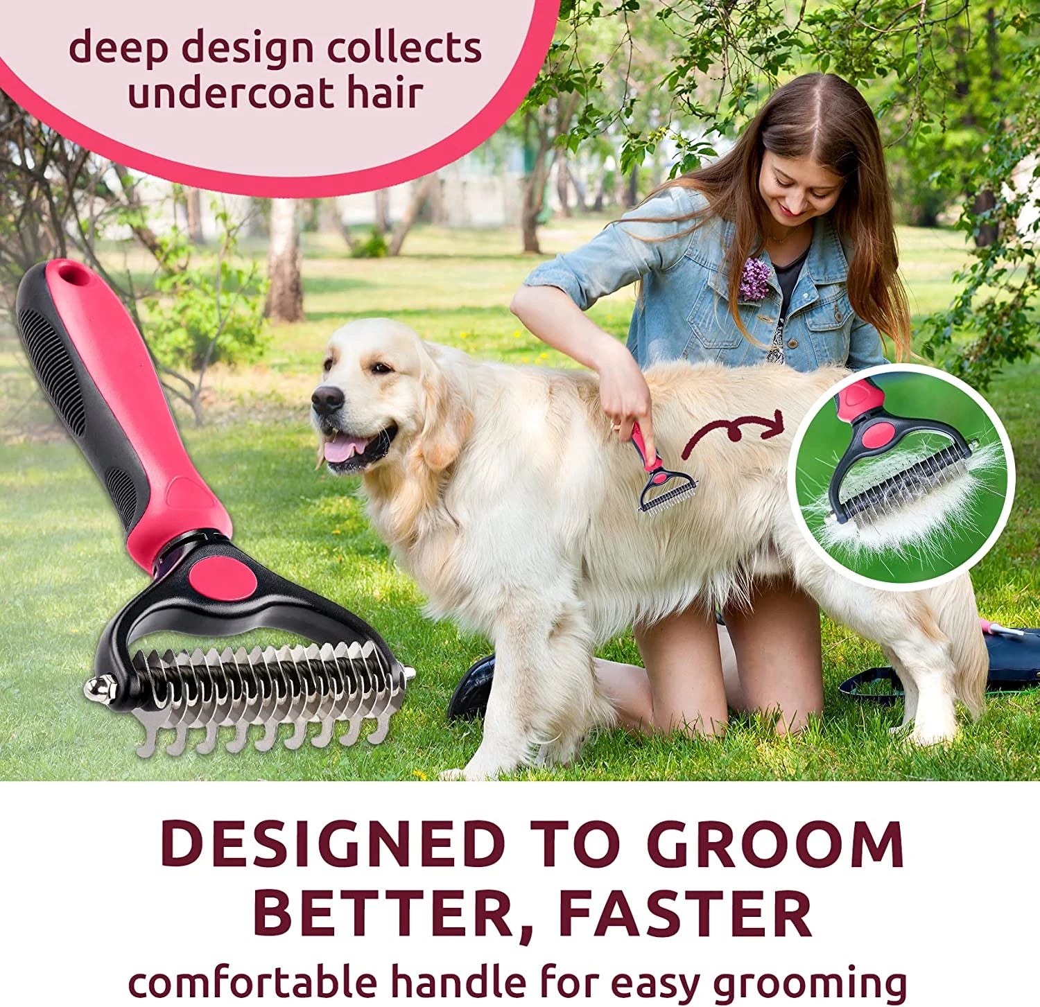 Ultimate Pet Deshedding Brush - Double-Sided Undercoat Rake for Dogs & Cats, Extra Wide Dematting & Grooming Tool
